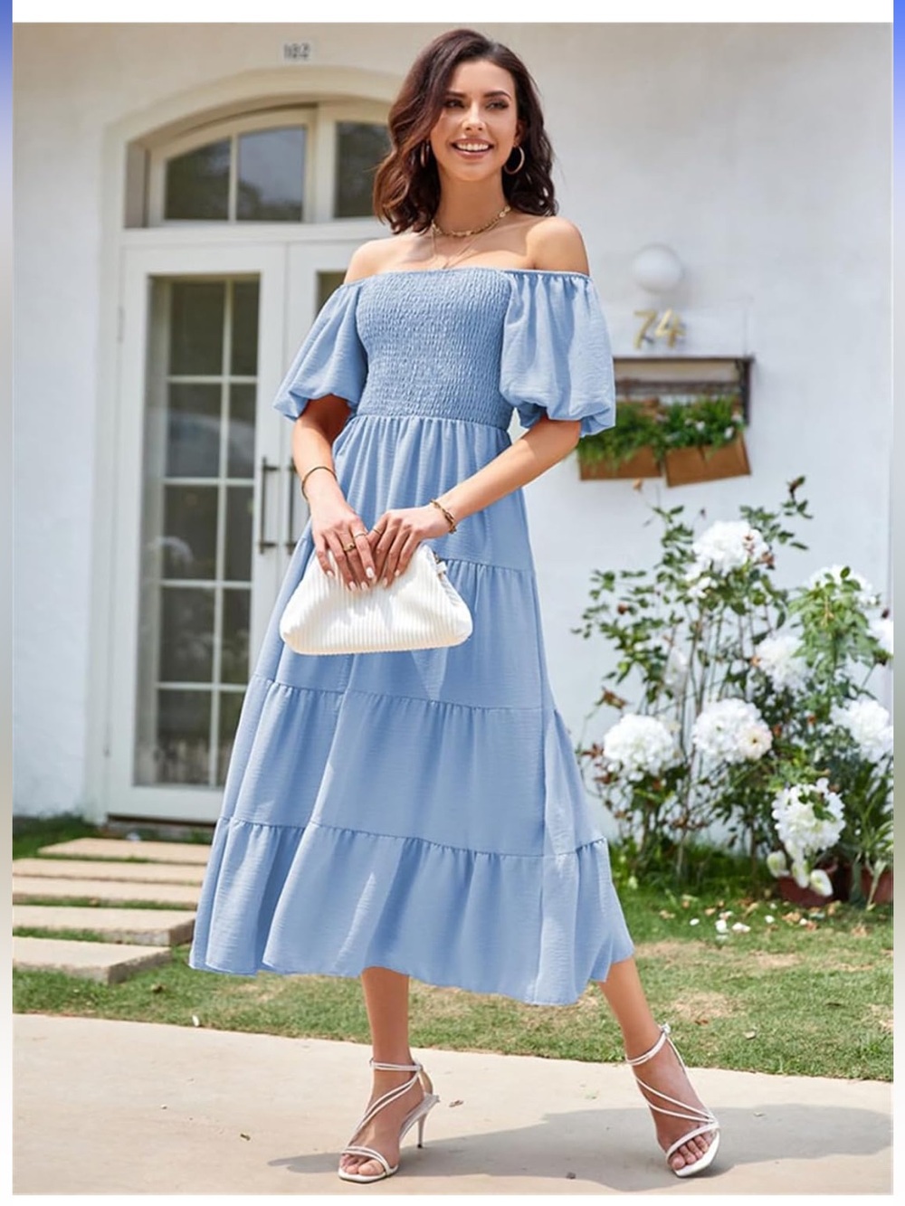 PRETTYGARDEN Blue Tiered Smocked Midi Dress Large Puff Sleeve Cottagecore - Picture 11 of 12